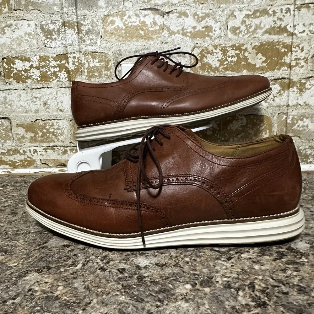 COLE HAAN GRAND OS Sz 16M LEATHER OXFORD Wingtip SHOES BROWN Preppy Classic